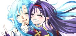 2girls aqua_hair asuna_(sao) asuna_(sao-alo) blush closed_eyes commentary_request detached_sleeves fingerless_gloves gloves hairband hug long_hair long_sleeves multiple_girls open_mouth pointy_ears purple_gloves purple_hair red_hairband sword_art_online teeth upper_body white_background yukimaro0929 yuuki_(sao)