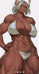 1girl abs amputee animal_ears artist_name bikini boku_no_hero_academia breasts burn_scar cleavage cowboy_shot dark-skinned_female dark_skin hand_on_own_hip highres ibuo_(ibukht1015) large_breasts long_eyelashes looking_to_the_side mirko muscular muscular_female navel rabbit_ears rabbit_girl red_eyes scar short_hair simple_background swimsuit v-shaped_eyebrows white_background