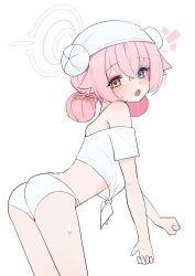 1girl absurdres ass bare_shoulders blue_archive blue_eyes blush commentary double_bun fang hair_between_eyes hair_bun hair_ribbon halo heart heart_in_eye heterochromia high_(hgih) highres hoshino_(blue_archive) korean_commentary loli looking_at_viewer open_mouth panties pink_hair pink_halo pink_ribbon ribbon shirt shoulder_blush simple_background skin_fang solo sweatdrop symbol_in_eye thighs tied_shirt underwear white_background white_panties white_shirt yellow_eyes