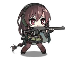 1girl animated animated_gif black_hair cape elbow_pads female_focus fingerless_gloves full_body girls&#039;_frontline gloves gun headphones integral_suppressor integrally-suppressed_firearm long_hair lowres mod3_(girls&#039;_frontline) official_alternate_costume official_art pantyhose red_eyes simple_background skirt smile solo submachine_gun suppressor type_64_(girls&#039;_frontline) type_64_(mod3)_(girls&#039;_frontline) type_64_smg weapon white_background