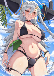 1girl ball bare_shoulders beachball bikini black_bikini blue_sky blush braid breasts choker cleavage closed_mouth earrings fate/grand_order fate_(series) gradient_hair hair_ribbon horns huge_horns jewelry kina_(akina736) large_breasts long_hair long_horns looking_at_viewer multicolored_hair navel olga_marie_animusphere orange_eyes orange_hair ribbon side_braid sky smile solo swimsuit thighs u-olga_marie very_long_hair water white_hair