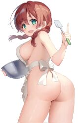 1girl apron aqua_eyes ass blush bowl braid breasts brown_hair commentary_request emma_verde from_behind highres holding holding_bowl holding_spatula large_breasts looking_at_viewer love_live! love_live!_nijigasaki_high_school_idol_club medium_hair memechi_6 naked_apron open_mouth sideboob smile spatula twin_braids white_background