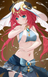 1girl :o absurdres aqua_eyes bare_arms bare_shoulders blue_gemstone blue_skirt breasts brooch brown_background circlet commentary cowboy_shot crop_top dancer english_commentary fake_horns gem genshin_impact gold_trim hand_up harem_outfit highres horns jewelry knosdeba long_hair looking_to_the_side low_twintails medium_breasts navel neck_ring nilou_(genshin_impact) no_detached_sleeves parted_bangs parted_lips pelvic_curtain sidelocks skirt stomach thighs twintails veil water white_headwear