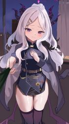 1girl absurdres ahoge black_coat black_gloves blue_archive blush breasts coat coat_on_shoulders demon_girl demon_horns demon_wings gloves highres hina_(blue_archive) horns long_hair looking_at_viewer night purple_eyes siegs_wurm small_breasts solo_focus white_hair wings