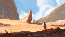 1boy blue_sky cambocreation cloud day desert from_behind landscape looking_ahead mountain original painterly rock scenery sky standing sunlight watermark