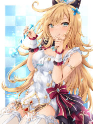 1girl bare_shoulders blonde_hair blue_eyes blush breasts buttons commentary_request dress escoffier_(genshin_impact) genshin_impact highres holding kei_(asufend) long_hair medium_breasts short_dress sleeveless sleeveless_dress smile solo tongue tongue_out very_long_hair white_dress
