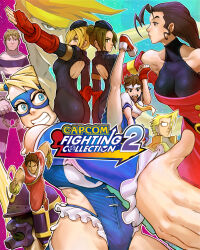 5boys 5girls adon_(street_fighter) ass back back-to-back back_cutout black_hair black_leotard black_pantyhose blonde_hair blue_eyes blue_leotard blue_skirt breasts brown_eyes brown_hair capcom capcom_fighting_collection charlie_nash cleavage clothing_cutout cody_travers dougi garrison_cap glasses grin guy_(final_fight) hat headband high_kick highres juli_(street_fighter) juni_(street_fighter) kasugano_sakura kicking leotard logo miniskirt multiple_boys multiple_girls official_art opaque_glasses pantyhose prison_clothes quasimodox rainbow_mika rose_(street_fighter) running school_uniform shirt skirt smile sodom street_fighter street_fighter_zero_(series) white_headband white_shirt wrestling_outfit yellow_headband