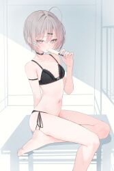 1girl absurdres antenna_hair arm_strap bare_arms bare_legs barefoot black_bra black_choker black_panties bra breasts brown_hair choker collarbone food grey_eyes hair_ornament hairclip highres holding holding_food holding_popsicle lingerie navel original panties popsicle sajin_(user_pvrm4582) short_hair side-tie_panties skindentation small_breasts soles solo underwear underwear_only