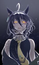 Rule 34 | 1girl, 3year etarou, ahoge, alternate hair length, alternate hairstyle, animal ears, bare shoulders, black choker, black coat, black hair, black vest, choker, coat, collared shirt, ear tag, earrings, hair between eyes, highres, horse ears, horse girl, jewelry, looking at viewer, manhattan cafe (umamusume), multicolored hair, necktie, night, night sky, off shoulder, parted lips, shirt, single earring, sky, smile, solo, star (sky), starry sky, umamusume, variant set, vest, watermark, white hair, white shirt, yellow eyes, yellow necktie