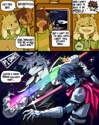 1boy 1other absurdres animal_ears armor armored_gloves asriel_dreemurr asriel_dreemurr_(god_of_hyperdeath) black_dress black_sclera blue_hair blue_skin brown_hair colored_sclera colored_skin commentary deltarune dress energy_sword english_commentary english_text fake_horns furry furry_male goat_boy goat_ears green_hoodie green_shirt heart heart_necklace heartbreak_juan highres holding holding_sword holding_weapon hood hoodie horns jewelry kris_(dark_world)_(deltarune) kris_(deltarune) necklace pointing red_horns shirt short_hair siblings speech_bubble striped_clothes striped_shirt sword television thought_bubble video_game weapon white_horns