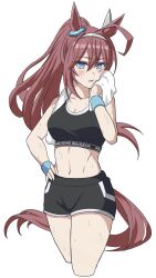 1girl ahoge animal_ears black_shorts black_sports_bra blue_eyes blush breasts brown_hair collarbone ear_ornament grey_hairband hair_between_eyes hair_ornament hairband highres holding holding_towel horse_ears horse_girl horse_tail large_breasts long_hair looking_at_viewer midriff mihono_bourbon_(umamusume) open_mouth sakata_s2023 shorts silver_hairband simple_background solo sports_bra sportswear sweat sweatdrop tail towel towel_around_neck umamusume white_background workout_clothes wristband