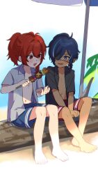 2boys :d :o aged_down antenna_hair barefoot beach beach_umbrella black_shirt blue_eyes blue_hair blue_shorts blush brothers chicken-mushroom_skewer_(genshin_impact) child collared_shirt commentary_request dark-skinned_male dark_skin diluc_(genshin_impact) eyepatch feet food genshin_impact grey_shirt hair_between_eyes hair_intakes hand_up high_ponytail highres holding holding_food kaeya_(genshin_impact) log long_hair looking_to_the_side male_focus male_swimwear multicolored_hair multiple_boys mushroom navel noma_(noma3g) one_eye_covered open_clothes open_mouth open_shirt palm_leaf parted_bangs ponytail red_eyes red_hair red_shorts shiitake shirt short_sleeves shorts siblings sidelocks sitting_on_log skewer smile step-siblings stomach streaked_hair swept_bangs swim_trunks teeth toes umbrella upper_teeth_only wing_collar
