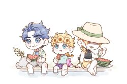 Rule 34 | black nails, blonde hair, blue eyes, blue hair, chibi, dio brando, earrings, father and son, food, fruit, giorno giovanna, hat, holding, holding food, holding fruit, holding watermelon, jewelry, jojo no kimyou na bouken, jonathan joestar, long hair, multiple boys, polka dot, polka dot hair, short hair, smile, summer, vampire, vento aureo, watermelon, watermelon slice