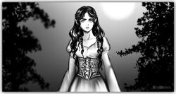Rule 34 | 1girl, aredhel, artist name, black hair, braid, cinemairon, collarbone, corset, dress, elf, eyelashes, female focus, long hair, looking at viewer, monochrome, outdoors, parted bangs, parted lips, pointy ears, princess, sky, solo, the silmarillion, tolkien&#039;s legendarium, tree, twin braids