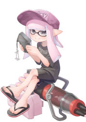 Rule 34 | 1girl, absurdres, baseball cap, black shirt, black shorts, cellphone, closed mouth, commentary request, flip-flops, gakusei noa, grey eyes, hat, heavy edit splatling (splatoon), highres, holding, holding phone, inkling, inkling girl, inkling player character, long hair, looking at viewer, nintendo, phone, pink hair, pink hat, pointy ears, print hat, print shirt, sandals, shirt, shorts, simple background, sitting, sitting on weapon, smartphone, smile, solo, splatoon (series), splatoon 3, tentacle hair, toes, white background