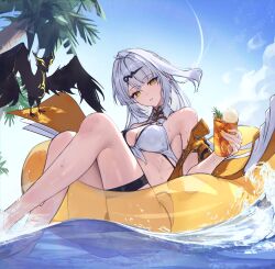 1girl absurdres alternate_costume armpit_crease ass bare_shoulders bikini blue_sky breasts commentary_request criss-cross_halter cup day drinking_glass feet_out_of_frame fingernails food front-tie_bikini_top front-tie_top grey_hair hair_ornament halterneck highres holding holding_cup ice_cream ice_cream_float innertube jacket large_breasts long_hair looking_at_viewer multi-strapped_bikini_bottom nail_polish off_shoulder parted_lips partial_commentary sasa_(sasa_ekakiman) sky solo swim_ring swimsuit thigh_strap thighs wet white_bikini yellow_eyes yellow_jacket yellow_nails yi_xuan_(zenless_zone_zero) zenless_zone_zero