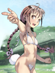 1girl bow bra braid breasts brown_hair cowboy_shot fake_tail female_focus hair_bobbles hair_ornament long_hair looking_at_viewer maebari navel open_mouth original outdoors pointing rabbit_tail sidelocks small_breasts smile solo soon_(c-u-soon) tail teeth twin_braids underwear upper_teeth_only white_bow white_bra