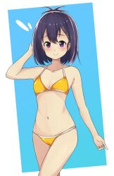 Rule 34 | 1girl, aoi illust 2077, bare arms, bare legs, bare shoulders, bikini, blush, breasts, closed mouth, dot nose, feet out of frame, female focus, gabriel dropout, hair between eyes, hair ornament, hairclip, highres, legs, looking at viewer, medium hair, navel, purple eyes, purple hair, small breasts, smile, solo, standing, swimsuit, vignette tsukinose april, yellow bikini