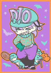 Rule 34 | 1boy, absurdres, aqua bow, aqua eyes, aqua helmet, argyle clothes, argyle sweater, bat (animal), belt, black boots, boots, bow, candy, chibi, commentary, commentary request, diego brando, dinosaur, dinosaur tail, food, gloves, green gloves, grin, hat, highres, jodhpurs, jojo no kimyou na bouken, lollipop, m a a m 8, male focus, medium hair, pants, purple background, purple hair, purple pants, scary monsters (stand), sharp teeth, smile, solo, spurs, stand (jojo), star (symbol), steel ball run, sweater, tail, teeth, turtleneck, turtleneck sweater
