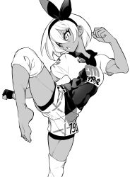 1girl barefoot bea_(pokemon) bodysuit bodysuit_under_clothes bow clenched_hand collared_shirt commentary_request cropped_shirt fighting_stance fingerless_gloves gloves greyscale hair_bow hairband hand_up highres knee_sleeve leg_up medium_hair monochrome nintendo open_mouth pokemon pokemon_swsh print_shirt print_shorts shirt short_eyebrows short_sleeves shorts simple_background solo standing standing_on_one_leg sukeno_yoshiaki thick_eyebrows toes toned toned_female turning_head white_background