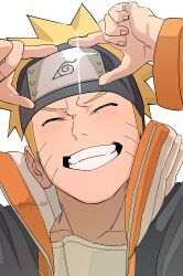 1boy absurdres blonde_hair closed_eyes facial_mark forehead_protector highres jacket konohagakure_symbol male_focus multicolored_jacket naruto_(classic) naruto_(series) open_clothes open_jacket parted_lips pnpk_1013 portrait shirt simple_background smile solo sparkle spiked_hair track_jacket twitter_username uzumaki_naruto whisker_markings white_background white_shirt