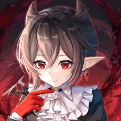 Rule 34 | 1girl, animal, aoko (amamiya aoko), arknights, bat (animal), black shirt, brown hair, chinese commentary, closed mouth, commentary request, earrings, entelechia (arknights), frilled shirt collar, frills, gloves, hair between eyes, hair horns, hand up, highres, jewelry, looking at viewer, mole, mole under eye, pointy ears, red eyes, red gloves, shirt, short hair, smile, solo, star-shaped pupils, star (symbol), symbol-shaped pupils, upper body