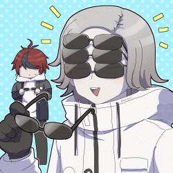 Rule 34 | 2boys, ahoge, aotsuki eito, black gloves, black jacket, black pants, black streaks, blue background, closed eyes, commentary, extra eyewear, facing another, glasses, gloves, grey hair, grey jacket, holding, holding removed eyewear, hood, hoodie, jacket, jacket over hoodie, male focus, mt 100l, multicolored hair, multicolored jacket, multiple boys, no eyes, pants, polka dot, polka dot background, red hair, short hair, small sweatdrop, streaked hair, sumino takumi, symbol-only commentary, teeth, the hundred line -last defense academy-, too many glasses, triangle mouth, twitter username, two-tone jacket, unworn eyewear, upper teeth only, watermark, white jacket