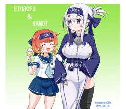 1girl 2girls ainu_clothes bandana bike_shorts blue_eyes blue_headband blue_neckerchief blue_sailor_collar blue_skirt bob_cut braid breasts character_name closed_eyes cropped_jacket dated etorofu_(kancolle) feet_out_of_frame folded_ponytail food gloves gradient_background gradient_hair green_background hat headband ice_cream kamoi_(kancolle) kantai_collection large_breasts leg_wrap long_hair masara_(chuujou) multicolored_hair multiple_girls neckerchief open_mouth orange_hair pelvic_curtain sailor_collar sailor_hat school_uniform serafuku short_hair shorts shorts_under_skirt side_braid side_braids sidelocks skirt smile solo thick_eyebrows twin_braids twitter_username white_gloves white_hair wrist_guards