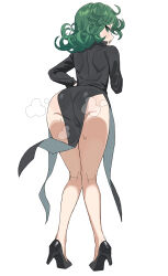 1girl absurdres ass bare_legs black_dress black_shoes commentary curly_hair dress from_behind green_eyes green_hair high_heels highres long_sleeves looking_back no_panties one-punch_man pelvic_curtain q_haoyu shoes simple_background solo steaming_body sweat symbol-only_commentary tatsumaki white_background