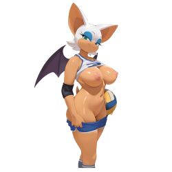 1girl alternate_costume animal_ears bag ball bat_ears bat_girl bat_wings blue_eyeshadow blue_shorts breasts cleft_of_venus clothes_lift clothes_pull commentary cowboy_shot dolphin_shorts english_commentary eyelashes eyeshadow furry furry_female green_eyes hand_on_own_hip highres holding holding_bag large_breasts makeup navel nipples orange_fur partially_undressed pussy rouge_the_bat shiny_skin shirt_lift shorts shorts_pull smewed smile solo sonic_(series) sportswear standing tank_top thighs transparent_background volleyball_(object) volleyball_uniform white_fur white_tank_top wide_hips wings