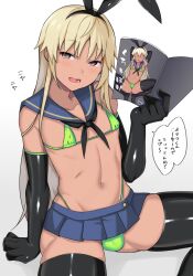 1boy absurdres ae_(aeiu4114) bikini black_gloves black_hairband black_neckerchief black_thighhighs blonde_hair blue_sailor_collar blue_skirt bow_hairband brown_eyes bulge commentary_request dark-skinned_male dark_skin detached_collar elbow_gloves gloves green_bikini hairband highleg highleg_bikini highres holding holding_manga kantai_collection latex latex_gloves latex_thighhighs long_hair male_focus manga_(object) micro_bikini microskirt navel neckerchief open_mouth pleated_skirt pornography sailor_collar shimakaze-kun shimakaze_(kancolle) simple_background sitting skirt smile smug solo speech_bubble swimsuit thighhighs translation_request trap tsurime white_background