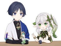 1boy 1girl absurdres aqua_sleeves arm_on_table armlet armor black_bodysuit black_hair blue_cape blunt_ends blush bodysuit bracelet bridal_gauntlets cape cross-shaped_pupils detached_sleeves doll double-parted_bangs dress expressionless eyeliner eyeshadow genshin_impact gold gold_trim gradient_hair green_eyes green_hair green_sleeves hair_between_eyes hair_intakes hair_ornament highres holding_sewing_needle japanese_armor japanese_clothes jewelry kimono kote kurokote layered_sleeves leaf leaf_hair_ornament looking_down makeup mandarin_collar multicolored_hair nahida_(genshin_impact) needle omochi_(omoch1_93) open_clothes open_kimono open_mouth parted_bangs pointy_ears purple_rope red_eyeliner red_eyeshadow rope scaramouche_(genshin_impact) sewing sewing_needle short_sleeves side_ponytail sidelocks stuffed_toy symbol-shaped_pupils thread upper_body vision_(genshin_impact) wanderer_(genshin_impact) white_dress white_hair white_kimono white_sleeves bracelet