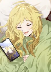 1girl absurdres ahoge blonde_hair cellphone closed_eyes drooling fingernails highres hoshii_miki idolmaster idolmaster_(classic) katsu_(kana) long_fingernails long_hair lying mouth_drool on_bed open_mouth phone sleeping smartphone smile solo under_covers