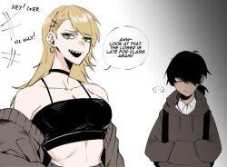 2girls absurdres black_hair blonde_hair brown_eyes choker earrings english_text frown green_eyes hair_ornament hairpin highres hood hoodie hoop_earrings jewelry kazuya_(kozun) long_hair midriff multiple_girls original ponytail sharp_teeth shirt simple_background smile tank_top teeth toned white_shirt