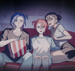 Rule 34 | 1boy, 2girls, absurdres, amate yuzuriha, aqua eyes, blue hair, colored inner hair, couch, eating, food, gundam, gundam gquuuuuux, hair bun, hair ornament, hairclip, highres, indoors, long hair, multicolored hair, multiple girls, nyaan (gundam gquuuuuux), on couch, one side up, otakulifewow, pants, popcorn, purple hair, red eyes, red hair, seiza, shirt, short hair, short sleeves, shorts, shuji ito, single hair bun, sitting, tearing up, two-tone hair, yellow eyes