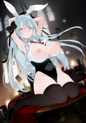 1girl animal_ear_hairband animal_ears armpits arms_behind_back arms_up black_leotard black_thighhighs blush breasts breasts_out covered_navel detached_collar fake_animal_ears fujiyama grey_eyes grey_hair hairband highleg highleg_leotard highres indoors large_breasts leotard long_hair looking_at_viewer nipples original playboy_bunny rabbit_ear_hairband rabbit_ears rabbit_tail restrained sitting solo strapless strapless_leotard tail thighhighs wariza wrist_cuffs