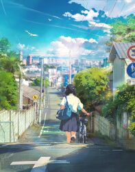 1girl bag bicycle bird black_hair black_socks blue_bag blue_skirt blue_sky blurry brick_wall brown_shoes building chain-link_fence cityscape cloud commentary_request corrugated_galvanized_iron_sheet crosswalk day depth_of_field facing_away fence foot_out_of_frame from_behind house medium_skirt no_parking_sign original outdoors pedestrian_crossing_sign pedestrians_only_sign pleated_skirt power_lines pushing_bicycle road road_sign rooftop ryowelcome1 scenery school_bag school_uniform seagull shirt shirt_tucked_in shoes short_hair short_sleeves short_twintails sign signature skirt sky skyline socks solo street sunlight tree twintails urban utility_pole walking white_shirt window