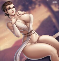 1girl big_breasts breasts brown_hair female_focus flowerxl huge_breasts panties rey sitting solo star_wars the_force_awakens thick_thighs thighs underwear wide_hips