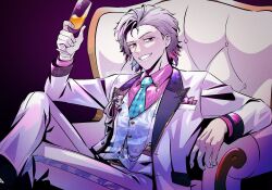 Rule 34 | 1boy, armchair, artist name, blue eyes, blue necktie, blue vest, chair, cloumello, collared shirt, colored inner hair, commentary, crossed legs, cup, drinking glass, english commentary, gavis bettel, gradient background, grey hair, hand up, heterochromia, highres, holding, holding cup, holostars, holostars english, jacket, long sleeves, looking at viewer, male focus, multicolored hair, necktie, official alternate costume, official alternate hairstyle, pants, pink eyes, pink shirt, purple background, shirt, short hair, sitting, smile, solo, striped clothes, striped shirt, twitter username, vertical-striped clothes, vertical-striped shirt, vest, virtual youtuber, waistcoat, white jacket, white pants