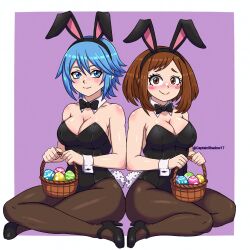 2girls aqua_(kingdom_hearts) ass blue_eyes blue_hair boku_no_hero_academia breasts brown_eyes brown_hair captainshadow easter_egg egg highres huge_ass kingdom_hearts kingdom_hearts_birth_by_sleep kingdom_hearts_iii large_breasts leotard multiple_girls playboy_bunny self-upload short_hair uraraka_ochako