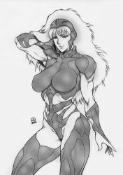 1girl 2000 android armor breasts dairoku_tenma greyscale headgear hi_no_tori hi_no_tori_2772 highres large_breasts long_hair monochrome muscular muscular_female naughty_face olga_(phoenix_2772) playing_with_hair realistic science_fiction seductive_smile signature smile toned toned_female