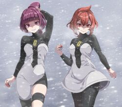 2girls absurdres breasts evil_smile highres huge_filesize jupiter_(pokemon) looking_at_viewer mars_(pokemon) multiple_girls nintendo pokemon pokemon_dppt purple_eyes purple_hair red_eyes red_hair short_hair smile snow snowing standing team_galactic team_galactic_uniform thighs tsukishiro_saika variant_set