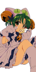 1girl animal_hat anzu_yoshihiro apron bell blue_bow blue_bowtie blue_dress blue_ribbon blush bow bowtie cake cake_slice cat_hat commentary_request dejiko di_gi_charat dress eating food food_on_face footwear_ribbon gloves green_eyes green_hair hair_bell hair_ornament hair_ribbon hat highres holding holding_food invisible_chair jingle_bell looking_at_viewer neck_bell parted_bangs petticoat puffy_short_sleeves puffy_sleeves ribbon short_hair short_sleeves simple_background sitting solo two_side_up white_apron white_background white_footwear white_gloves white_hat wiping_face