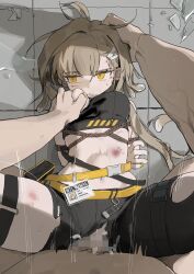 absurdres arknights artist_request bdsm blonde_hair bondage bound bruise crop_top firewhistle_(arknights) grabbing_another&#039;s_breast groping highres injury long_hair looking_to_the_side lying navel on_back one_breast_out pubic_hair rape restrained sex shibari shibari_over_clothes shorts skindentation spread_legs stomach stomach_bulge thigh_strap torn_clothes torn_shorts vaginal very_long_hair yellow_eyes