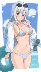 1girl aqua_eyes bikini blue_hair blurry blurry_background blush breasts closed_mouth collarbone cowboy_shot cropped_legs day ebifu eyewear_on_head hand_up highres holding holding_swim_ring idolmaster idolmaster_million_live! idolmaster_million_live!_theater_days innertube long_hair long_sleeves looking_at_viewer low-tied_long_hair navel o-ring o-ring_bikini ocean outdoors shiraishi_tsumugi smile solo standing sunglasses swim_ring swimsuit twitter_username white_bikini