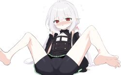 1girl absurdres barefoot blush cameltoe character_request check_character check_copyright copyright_request highres jacket long_hair open_clothes open_jacket pleated_skirt pointy_ears red_eyes short_shorts shorts simple_background skirt solo spread_legs user_yths2234 white_hair
