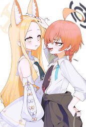 2girls ahoge animal_ear_fluff animal_ears black_halo blonde_hair blue_archive blush braid cardigan cardigan_around_waist clothes_around_waist cross_halo detached_sleeves dress floral_print_shirt flower_wreath forehead fox_ears gradient_eyes halo highres huge_ahoge jacket jacket_around_waist long_hair multicolored_eyes multiple_girls neck_ribbon necktie neru_(blue_archive) neru_(school_uniform)_(blue_archive) orange_eyes orange_hair ran_(bearsoymilk) ribbon sailor_collar seia_(blue_archive) short_necktie single_braid sleeve_bow sleeveless sleeveless_dress smile undone_neck_ribbon white_background white_dress white_sailor_collar yellow_halo