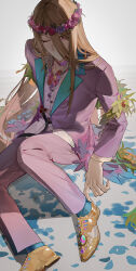 1boy ;) belt black_belt blonde_hair blue_socks brown_shoes closed_mouth eyes_visible_through_hair fate/grand_order fate_(series) fingernails flower flower_wreath full_body hair_between_eyes head_wreath highres jacket lapels loafers long_belt long_fingernails long_hair long_sleeves male_focus notched_lapels one_eye_closed open_clothes open_jacket pants petals pink_flower pink_jacket pink_pants purple_eyes purple_flower red_flower shirt shoes simple_background sitting smile socks solo very_long_hair white_background white_shirt wolfgang_amadeus_mozart_(fate) wolfgang_amadeus_mozart_(traveling_outfit)_(fate) yellow_flower yukkuri_(fumoyun)