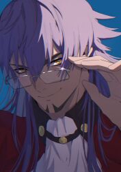 1boy absurdres ascot bespectacled blue_background bright_pupils buttons closed_mouth commentary_request facial_hair glasses glint hand_up highres jacket leon_(pokemon) long_hair male_focus nintendo pokemon pokemon_swsh purple_hair red_jacket simple_background smile solo white_ascot yellow_eyes zenbuwasurete