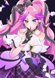 1girl argyle_background bare_arms bare_shoulders black_gloves black_hair braid breaking breasts broken_glass choker cleavage cure_kiss diamond_(shape) dress earrings eyelashes fortissimo frilled_dress frilled_skirt frilled_sleeves frills gingham_dress glass gloves gradient_hair hair_ornament hair_ribbon half_gloves hand_to_own_mouth hands_on_own_face heart-shaped_lock highres jewelry kimi_to_idol_precure lips long_hair mikorin multicolored_hair multiple_earrings musical_note musical_note_hair_ornament off_shoulder parted_bangs pearl_earrings pink_hair pouch precure purple_eyes ribbon shattered skirt solo solo_focus thigh_pouch twin_braids twintails upper_body very_long_hair